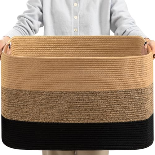 danpinera Large Blanket Basket for Living Room,72 L Rectangle Toy Storage Basket for Nursery Room, Woven Rope Storage Box with Leather Handle, 22’’*17’’*11.8’’, Gradient Linen