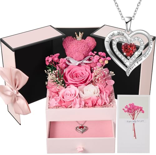 Touloube Ewige Rose Geschenk für Frauen | mit Damen Herz Halskette | Infinity Rose Moosbär Geschenke Box für Mama Frauen Ehefrau Freundin Oma | Geburtstag Valentinstag Muttertag Jahrestag