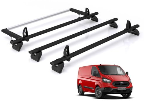 For Ford Transit Custom 2013-2023 Roof Rack Rhino Kamm Black 3 Bar + Roller | Only fits H2 High Roof Height with Barn Doors, 3x Aluminium Roof Bars With Ladder Roller [TB3HBA/BR34]