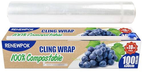 Dispenser di pellicola adesiva in plastica compostabile al 100% con taglierina scorrevole, rotolo di pellicola trasparente per servizi alimentari da 30,5 cm x 100 m (la taglierina scorrevole è