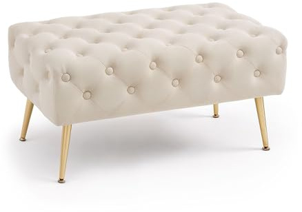 MILORD Samtbank Gepolstert Madrid 80 cm, Polsterbank Gesteppt, Sitzbank, Fußhocker mit Metallbeinen Goldfarben, Fußstütze, für Flur Wohnzimmer Schlafzimmer (Beige)