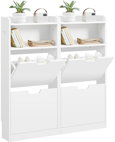 Yaheetech Schuhablage mit 4 Flip-Schubladen, Schuhkipper Schuhregal Offenes Fach, Erhöhter Rand, Haken, Hängender Schuhschrank Schmal 108 cm H, Weiß