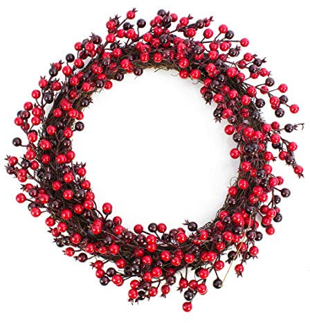 artplants.de Deko Beerenkranz, rot Aufhänge Band, rot - weinrot, Ø 45cm - Künstlicher Kranz - Türkranz