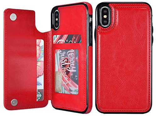 UEEBAI Case for iPhone X XS, Luxury PU Leather Case with [Two Magnetic Clasp] [Card Slots] Stand Function Durable Soft TPU Case Back Wallet Flip Cover for iPhone X/XS - Red