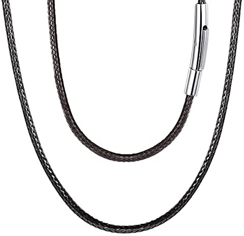 FOCALOOK 55CM Halskette personalisiert Kunstleder Collier Wachsschnur Kette 2mm breit Schwarz Geflochten Lederkette Name Gravur Lederband mit Edelstahl Verschluss für Männer Frauen Jungen Mädchen