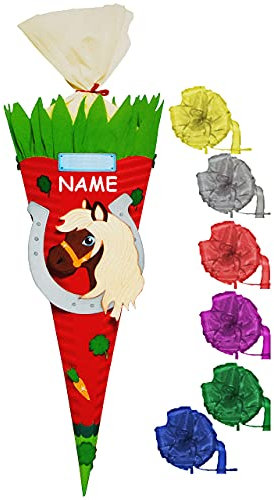 alles-meine.de GmbH BASTELSET Schultüte - Pferd, Pony & Hufeisen - 70/85 cm - incl. Schleife + Name - mit/ohne Kunststoff Spitze - Zuckertüte - Set zum selber Basteln - 6..