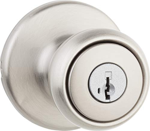 Kwikset Tylo Entry Door Knob with Lock and Key, Secure Keyed Handle Exterior, Front Entrance and Bedroom, Satin Nickel, Pick Resistant SmartKey Rekey Security and Microban