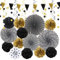 HONMOK 22 Pcs Black and Gold Birthday Party Decorations, Graduation Hanging Paper Fans Pom Poms Honeycomb, Triangle Flags Bunting for Grad Birthday Leaving Party Wedding New Year Eve Accessories