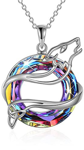 YFN Wolf Halskette Sterling Silber Keltische Wolf Kristall Anhänger Kette Schmuck Geschenke Für Damen Herren (Rot)