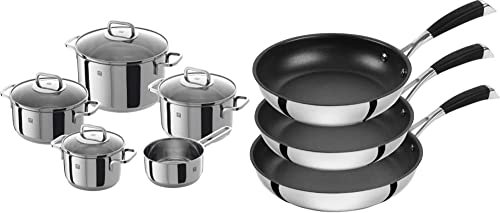ZWILLING Set de 5 Casseroles, 4 Couvercles, Adapté à la Chaleur à Induction, Acier Inoxydable, série Quadro & set de 3 poêles avec revêtement antiadhésif 4 couches, Inox 18/10, 20 cm + 24 cm + 28 cm