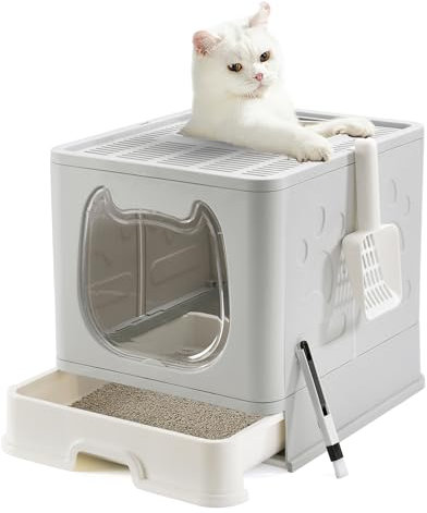Pawsayes Caja de Arena para Gatos Plegable, Arenero Gatos Cubierto con Cajon, Inodoro para Mascotas para Gatos con Entrada Superior