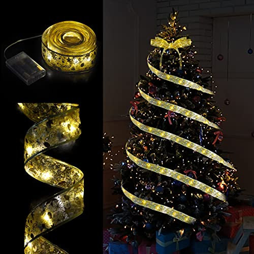 Christmas Ribbon Lights 16ft 50 LED Fairy Lights Battery Operated Christmas Tree Lights Xmas Tree Decorations Light up Ribbon Bows String Lights for Christmas Tree Ornaments Party Indoor/Outdoor