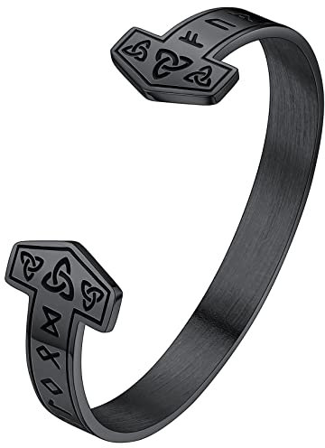 FaithHeart Schwarz Rune Armreif für Herren Jungen Punk Gotik Wikinger Mjölnir Armband Offener 15mm Rune Armband mit Geschenkebox für Männer Frauen