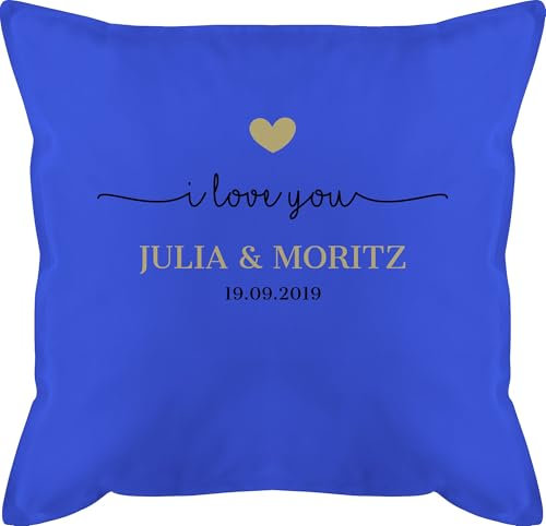 Kissen 50x50 - Ideen - I Love You mit Datum I Partner Geschenk I Geschenk Paare - 50 x 50 cm - Blau - Geschenke für Freundin partnerkisen Valentinstag ich sofakissen päärchenkissen paarkisssen