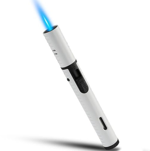 Futlidys Jet Lighter, 7.0 inch Gas Lighter with Flame Locking Function, Refillable Jet Flame Windproof Torch for BBQ, Stove, Candle, Kitchen, Camping, Creme. White (Sold without Gas)