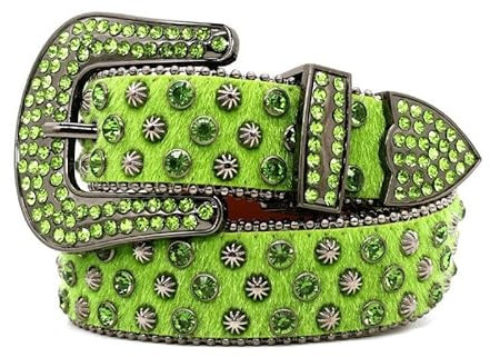 QBREZA Damen Herren Strasssteine Gürtel, Bling Western Cowgirl Cowboy Nieten Ledergürtel Diamant Taillengürtel für Jeans Hosen (Farbe: Grün, Größe: 110 x 3,8 cm)