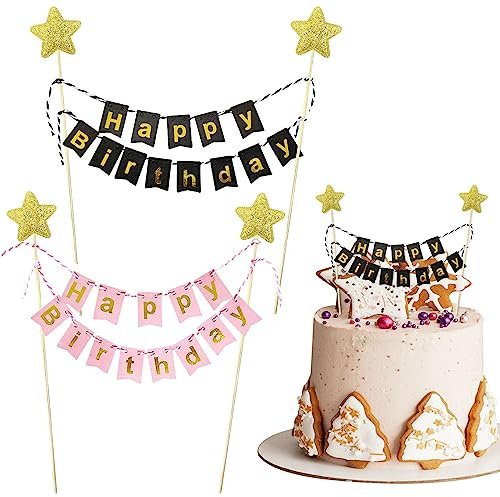 SUBTAVIK 2Pcs Happy Birthday Cake Topper, Banner Bunting Cake Topper Glitter Cake Toppers Gold Star Birthday Cake Toppers Cake Bunting for Cakes Cupcake Children's Birthday Party (Pink & Black)