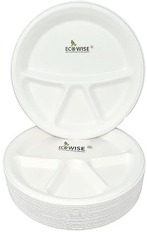 4 Compartment Food Trays Sugarcane Plates - 100 Pack - 11 inch, Extra Strength Bagasse Plate, Eco-Friendly Biodegradable and Compostable Perfect for Picnics BBQs and Parties - by Best House