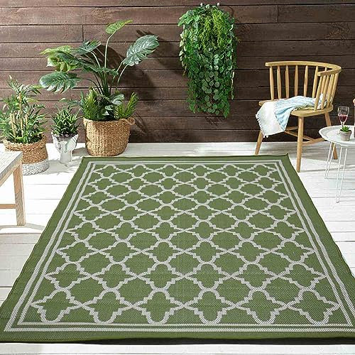 VIMODA Teppich In- und Outdoor Flachgewebe Terrasse Balkon Wetterfest Wintergarten Robust Marokkanisch geprägtes Design, Farbe:Gruen, Maße:200x280 cm