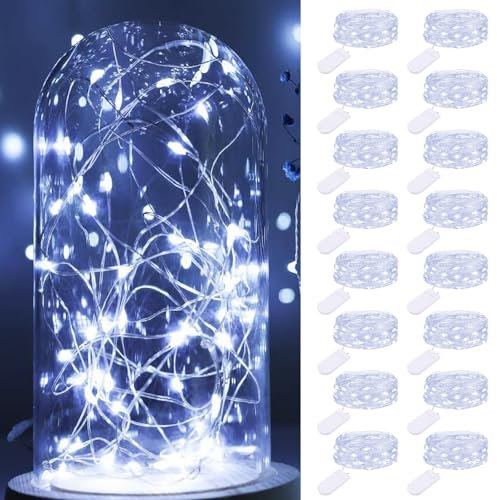 【16 Stück】 LED Lichterkette mit Batterie Klein, 2M 20LED Silberdraht Mini Lichterkette Batteriebetrieben, Micro Lichterkette Draht Wasserdichte für Weihnachten Hochzeit Party Innen Deko, Kaltes Weiß
