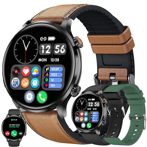 Smartwatch Herren mit Telefonfunktion, 1,39” Touchscreen IP68 Wasserdicht Sportuhr Aktivitätstracker mit Blutdruckmessung SpO2 123 Sportmodi Uhr kompatibel mit iOS Android, 3 Uhrenarmbänder (Braun)