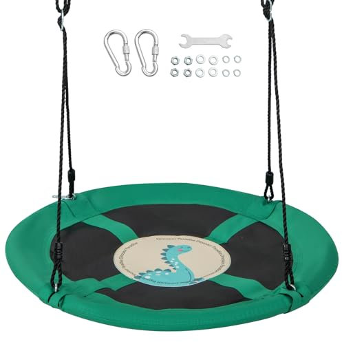 DREAMADE Balançoire Nid d’Oiseau Enfant Ø102CM avec Motif Dessin Animé,Balançoire Soucoupe d'arbre avec Hauteur Réglable 118-173CM,Siège Suspendu Imperméable Charge 100KG(Dinosaure)