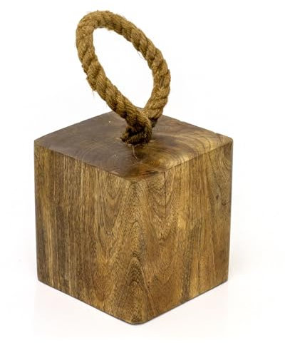 Mango Wood Doorstop | Chunky Cube Wooden Door Stop with Jute Handle | Doorstop Block Indoor Weighted Door Stopper for Floor - 1.4kg