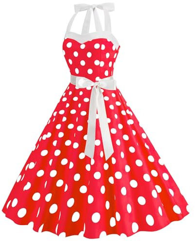 maxToonrain Dresses for Women UK Red,Womens 1950s 80s 70s 90s Fancy Dress A Line Spaghetti Strap Polka Dot Midi Party Dress Halloween Costumes for Adults Ladies(A-Red,S)
