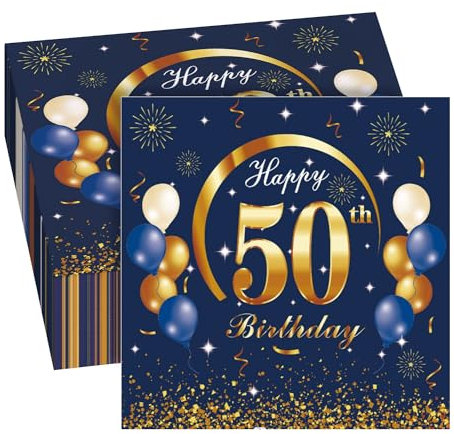 GROVBLE 40 Stück Servietten 50. Geburtstag - Blau für Mann und Frau, Happy Birthday, 33 x 33cm
