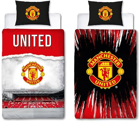 Manchester United FC Offizielles Bettwäsche-Set für Einzelbett, Theater-Design, wendbar, 2-seitig, Fußballstadion, offizielles Lizenzprodukt, inkl. passendem Kissenbezug, Rot