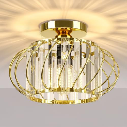 FRIDEKO HOME Deckenleuchte Gold Kristall Kronleuchter,Modern Deckenlampe Metal Rund Lampenschirm E27 Lampe Decke für Schlafzimmer Wohnzimmer Küche Flur,Ø28cm