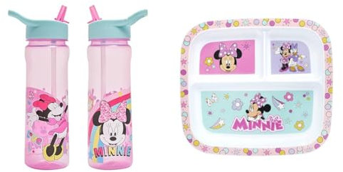 Disney - Minnie Mouse Flip Up Water Bottle 600ml, Official UK Merchandise by Polar Gear, Kids & Minnie Mouse Childrens Divided Sections Dinner Plate, 3 Sections, Pink