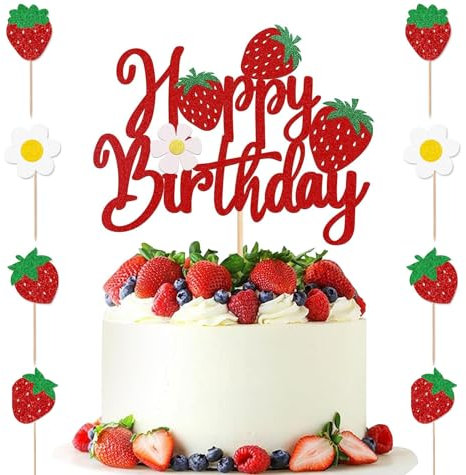 9 Pièce Décoration de Gâteau D'Anniversaire sur le Thème des Fraises - Fournitures de Fête D'Anniversaire à Paillettes Rouges pour Enfants Garçons Filles Gâteau D'Anniversaire Bébé Douche Baby Shower