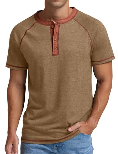 Sailwind Grandad Tshirt Henley Shirts for Men Cotton Summer T Shirts Short Sleeve Slim Fit Running Mens Tops (Dark Khaki Variegated, L)