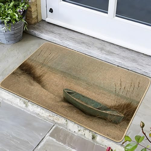 Eco Coastal Doormat, Green Boat Door Mat for Outdoor & Indoor Entrance Beach Decor, Non-Slip Waterproof Dust Absorbent Mat, Easy Clean 29x17 Inch