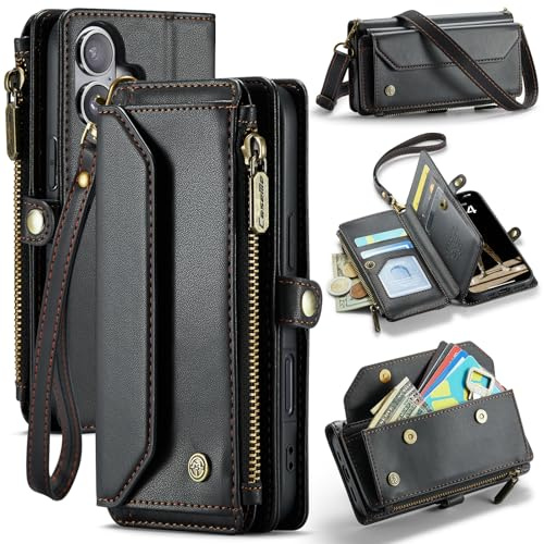 FONREST Leather Purse Bag Case for iPhone 16, Magnetic Flip Wallet Cover with Kickstand RFID Blocking Card Holders Cash Slot Zipper Pocket Crossbody Lanyard Wrist Strap (Black)