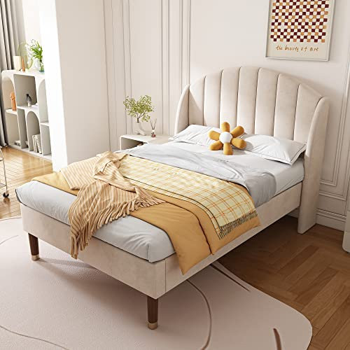 Merax Single bed frame, 3ft Single Upholstered Bed, with slatted frame and headboard, Sturdy Wooden Slat Support, Velvet Fabric (No Mattress), Beige+Velvet/90CM*190CM