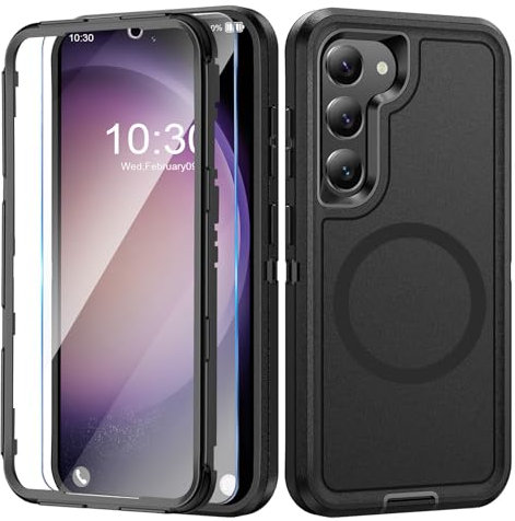 Giyer Panzerhülle für Samsung Galaxy S23 Handyhülle mit Schutzfolie, Galaxy S23 5G Hülle mit Magsafe Magnetisch, 360° Stoßfest Robust Schutzhülle für Samsung S23 Kabelloses Aufladen Cover (Schwarz)