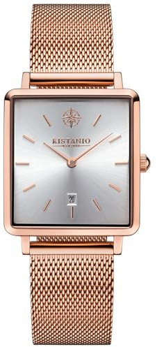 Kistanio Carre Damenuhr mit Milanaiseband Datum Edelstahl Rose Silberfarben Saphirglas CAR-RG-SI-M