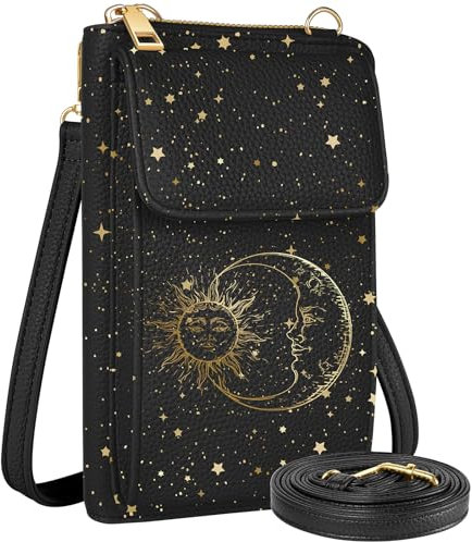 Miss Adola Cute Crossbody Purse Cell Phone Bags - Leather Cellphone Wallet Purse with Adjustable Shoulder Strap and Handle Strap Women Fashion Black Sun Moon