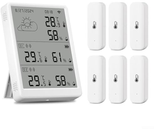 Smart WiFi Thermometer Hygrometer, WiFi RF433 Temperature Humidity Sensor LCD Screen Station 100 M Range, For Tuya(1*Monitoer+ 6*Sensor)