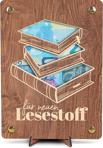 Buch Gutschein - XL Geldgeschenk aus Holz inkl. Ständer | Bücher - Geburtstagskarte für Buchliebhaber, Buchgutschein, Grußkarte Bücherwurm, Grußkarte Buch