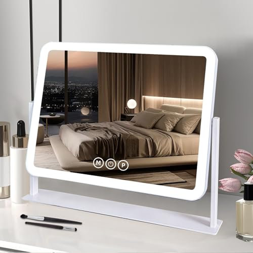 sxorted Hollywood Schminkspiegel mit Beleuchtung LED Strip 44x36cm Kosmetikspiegel Dimmbar mit 3 Lichtfarben & Touch-Steuerung Make-UP Tischspiegel 360° Drehung Spiegel