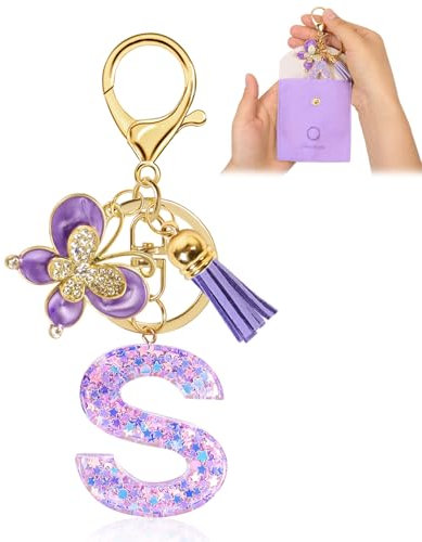 Porte-clés pour Fille Lettre Initiale Porte-clés Porte Clef Femme Porte Clé Fille Cadeau Avec Pendentif Papillon et Pampille pour Femme pour Sac à Dos Cartable (S)