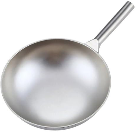 WOTZOV Wok in Titanio Puro da 34 cm, Padella Antiaderente Non Rivestita, pentola Leggera a Fondo Tondo per Uso Domestico,One Color 34cm