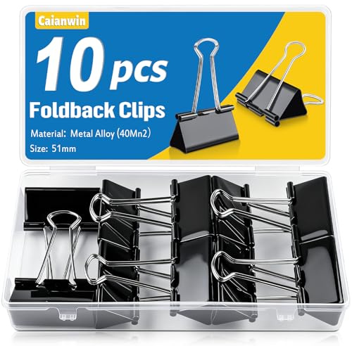 Caianwin 10 Stück Schwarz Foldback Klammern 51mm Groß Binder Clips | Metall Büroklammern, Vielzweckklammern,Dokumenten Clips Papierklammern Metall für Schule Bürobedarf Briefpapier Notizen