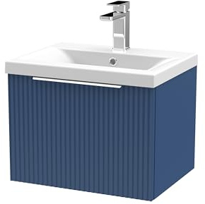 Balterley Vanity Unit with Basin Wall Hung, Single Drawer Soft Close with Mid Edge Sink and Handle, Bathroom Vanity Units with Basin, Fluted Front Sink Cabinet - 510 x 390 x 399mm (Blue)
