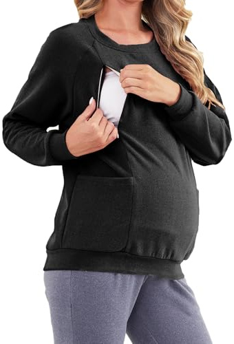 PARNIXS Fleece-Oberteil für Schwangere und Stillende für kaltes Wetter, dickeres Design mit weichem Futter (inklusive Taschen) – verdeckter Stillzugang