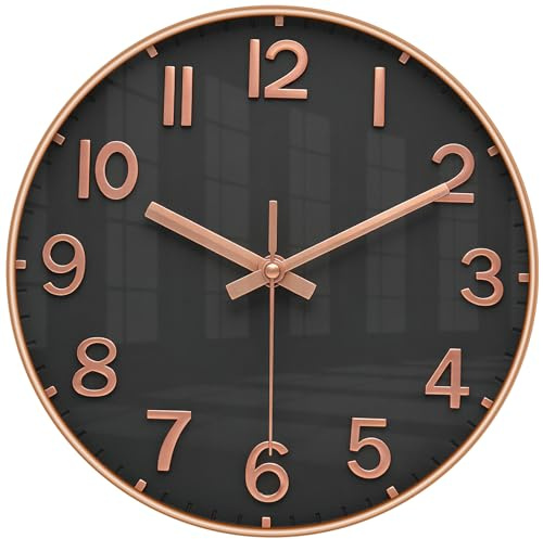 LENAUQ Silent Wall Clock, 12 Inch Battery Operated Non-ticking Arabic Numeral Clock, Round Decorative Clock for Home Kitchen Cafe Hotel Office Decor, Black-Rose Gold