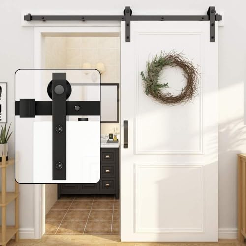 Sliding Door Kit for Wood Doors: 6FT/183CM Heavy Duty Barn Door Sliding Kit | Sliding Door Track Black J-Shape Hardware Kit Easy to Install for Wardrobe/Single Wood Door(Track Only)